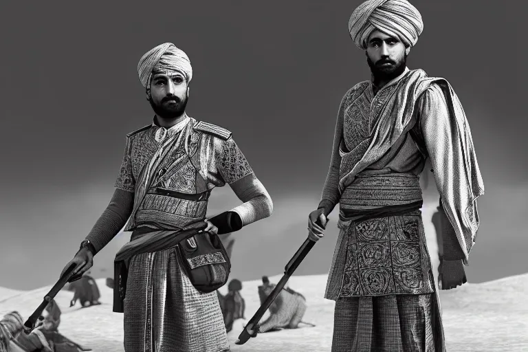 Prompt: still photo of mughal empire man looking at the camera in a battlefield, black and white color aesthetic, highly detailed, photorealistic portrait, bright studio setting, studio lighting, crisp quality and light reflections, unreal engine 5 quality render