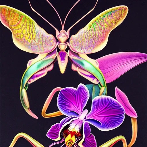 Image similar to majestic colorful orchid mantis enamel by leon bakst and yoshitaka amano, cloisonne, iridescent, black opals, beautiful hyperdetailed art nouveau orchids, james jean, amanda sage, ultrasharp photorealistic octane render