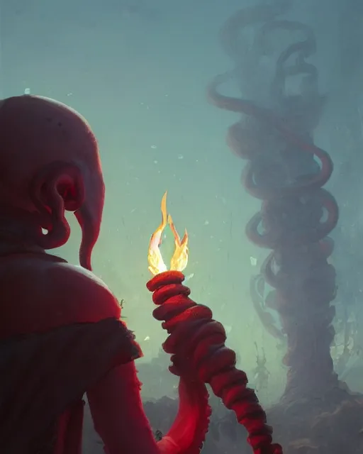 Image similar to tentacled [ squidward ], detailed face, wearing fire nation clothing and practicing firebending outside at susnset, [ greg rutkowski ]