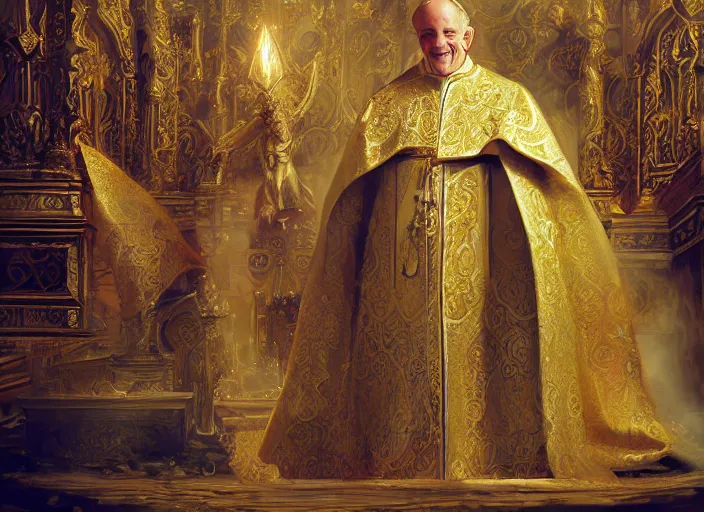 Image similar to kneeling before the pope, royal robe, gold trim, light effect, hyper detailed, intricate, atmospheric, elegant, photorealistic by paul lehr, marco mazzoni, featured on cgsociety, rococo, whimsical, artstation