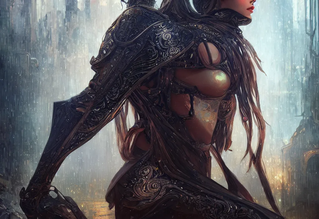 Image similar to portrait knights of zodiac girl + smoky eyes, black fire color reflected armor, in ruined agora of athens rainy night, ssci - fi and fantasy, intricate and very very beautiful and elegant, highly detailed, digital painting, artstation, concept art, smooth and sharp focus, illustration, art by tian zi and wlop and alphonse mucha