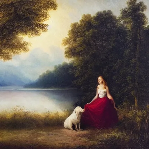 Prompt: a beautiful girl with a beautiful face wearing white dress, a dog, john martin landscape, lake, evening