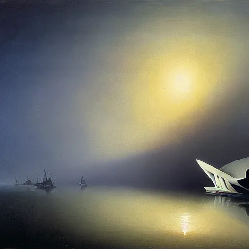 Image similar to minimalist futuristic zaha hadid spaceship painting by ivan aivazovsky