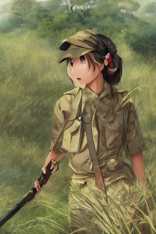 Prompt: a female japanese soldier hiking in the savannah, mid shot, looking away, realistic shaded perfect anatomy, fine details. sunset. very anime style. realistic shaded lighting poster, trending on art station