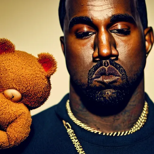 Image similar to cinematic photograph of Kanye West with a anthropomorphic teddy bear, portrait, album cover, shallow depth of field, 40mm lens, gritty, textures
