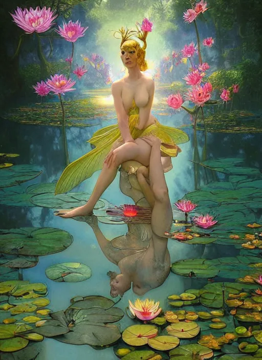 Prompt: portrait of a beautiful fairy, by a waterlily pond, coherent design, symmetrical, vivid color, complementary color, golden ratio, detailed, sharp lines, intricate, rainbowshift, by maxfield parrish, by peter mohrbacher, by karol bak, by alphonse mucha, deviantart, octane render
