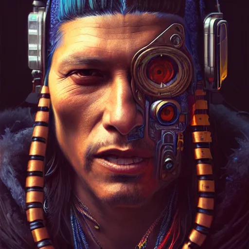 Prompt: portrait painting of a cyberpunk decker native american man, ultra realistic, concept art, intricate details, eerie, highly detailed, photorealistic, octane render, 8 k, unreal engine. art by artgerm and greg rutkowski and charlie bowater and magali villeneuve and alphonse mucha