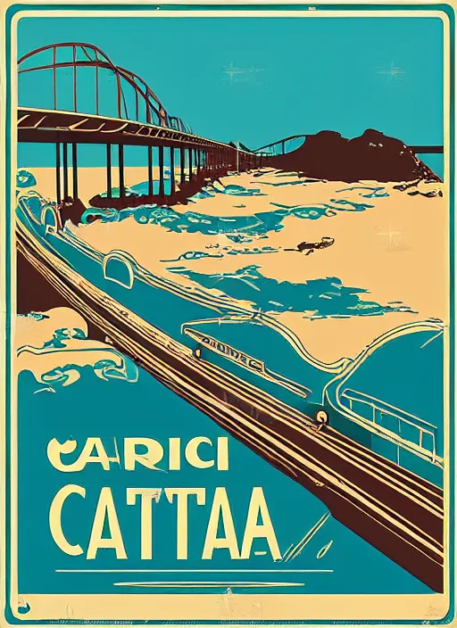 Prompt: vintage poster of pacific coast highway, california, vintage car on a bridge, vector art, digital art, vintage, retro travel poster, pastel colors