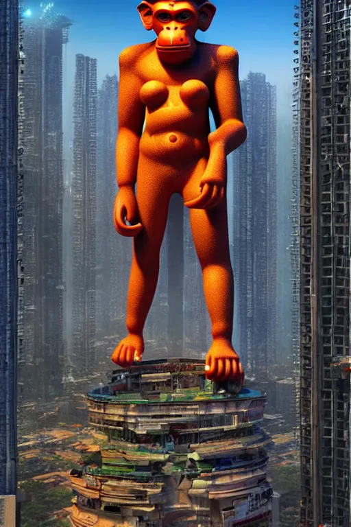 Prompt: high quality 3 d cyberpunk biomorphic hanuman! head building in the middle of mumbai!!, highly detailed, cinematic smooth, stephen shore & john j. park, soft morning light, wide shot, high angle, uhd 8 k, sharp focus