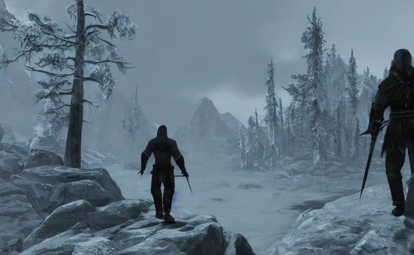 Image similar to joe biden walking in solitude, skyrim, a photorealistic painting