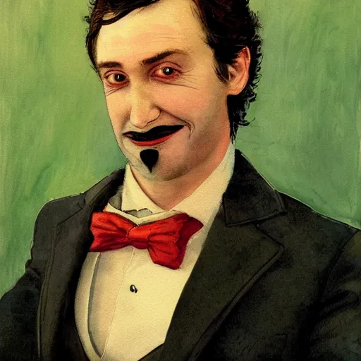 Prompt: Portrait of a handsome man with thick mutton chops. shaved chin, wearing a suit. colorful necktie, pale white face, long messy hair, long hair, ((red)) baggy eyes, tired eyes, tired face, disco smile, watercolor, brushstrokes, high detail, artstation, medium detail, by Ilya Repin and Dave McKean