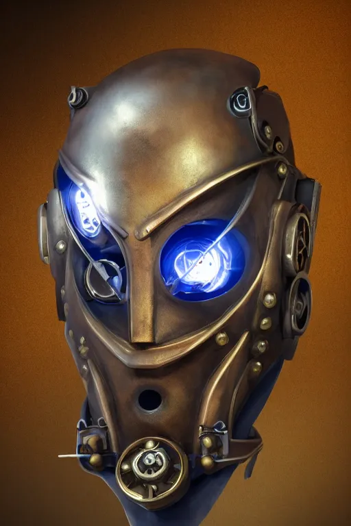 Image similar to steampunk mask minimalist fantasy art robot ninja helmet, global illumination ray tracing hdr fanart arstation by sung choi and eric pfeiffer and gabriel garza and casper konefal radiating a glowing aura