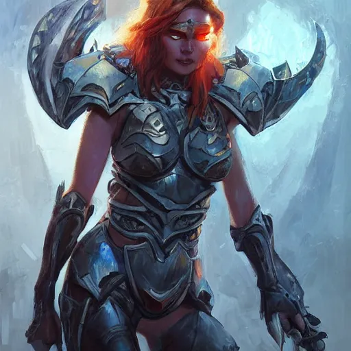 Prompt: portrait of a beautiful female cyclops as an evil paladin in full shining armor, oil painting, digital painting, intricate detail, charcol sketch, artwork by ross tran + craig mullins + raymond swanland, background artwork by steven outram