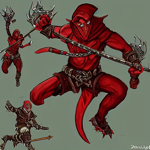 Image similar to d & d red skinned rogue tiefling, duel wielding daggers leaping jump attack, using dwarf as stepping stone, jump from dwarf to enemy, walk over dwarf, fantasy, concept art highly detailed