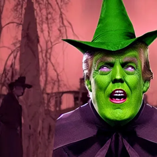 Image similar to wicked witch of the west that looks like trump with green skin, real movie still, photo quality