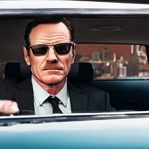 Image similar to film still of Bryan Cranston as Buddy in Baby Driver (2017 film), 4k, film grain