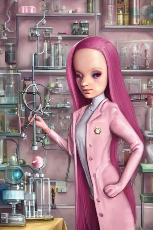 Image similar to highly detailed, industrial photography, profile view of adult princess bubblegum from adventure time, working in her science lab, wearing lab coat, long bubblegum hair, long straight bangs, confident, beautiful, attractive, illustration concept art by nicoletta ceccoli, mark ryden, lostfish, detailed and intricate environment, 8 k resolution, hyperrealistic, octane render