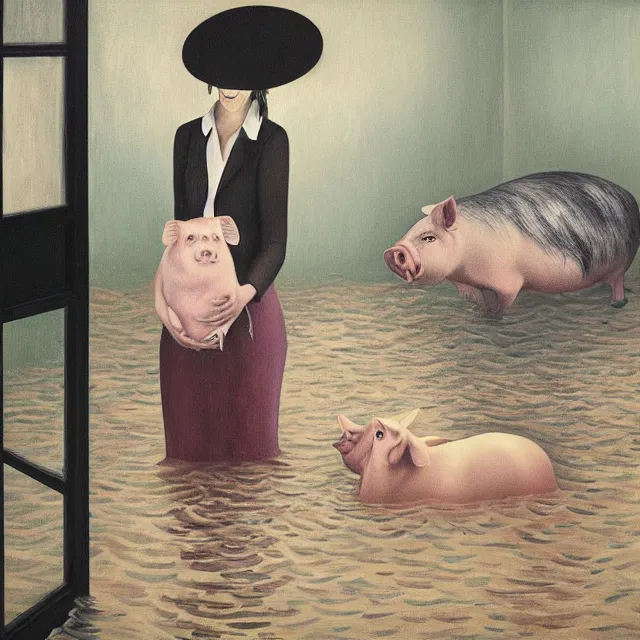 Image similar to tall female emo artist holding a pig in her flooded bathroom, water gushing from ceiling, painting of flood waters inside an artist's bathroom, a river flooding indoors, pomegranates, pigs, ikebana, zen, water, octopus, river, rapids, waterfall, black swans, canoe, berries, acrylic on canvas, surrealist, by magritte and monet