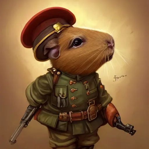 Image similar to cute little anthropomorphic Guinea Pig ww1 soldier, tiny, small, short, military outfit, cute and adorable, pretty, beautiful, DnD character art portrait, matte fantasy painting, DeviantArt Artstation, by Jason Felix by Steve Argyle by Tyler Jacobson by Peter Mohrbacher, cinema