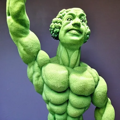 Image similar to sculpture of broccoli that looks like a bodybuilder