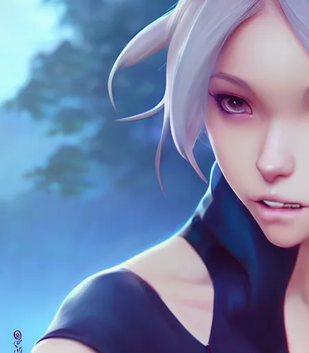 Image similar to beautiful portrait of a gorgeous personal trainer who looks like 2B , character design by charlie bowater, ross tran, artgerm, and makoto shinkai, detailed, soft lighting, rendered in octane