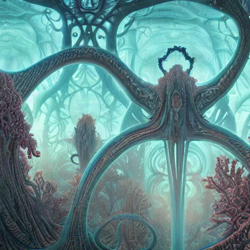Prompt: breathtakingly detailed art nouveau ultrawide angle photo, alien ocean coral structures frame circle, closeup of strange ghost figures, bizarre overgrown alien temple in background, vivid caustics, symmetry, very low angle shot, smoke rises from the coral reflections, by studio ghibli, peter mohrbacher, fenghua zhong, ruan jia, liuyuan lange
