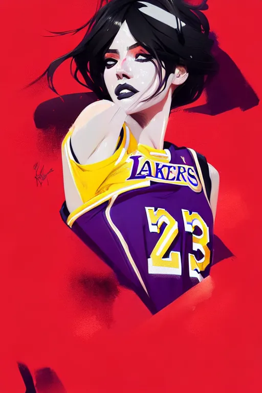 Image similar to a ultradetailed beautiful panting of a stylish woman in a lakers jersey, by conrad roset, greg rutkowski and makoto shinkai, trending on artstation