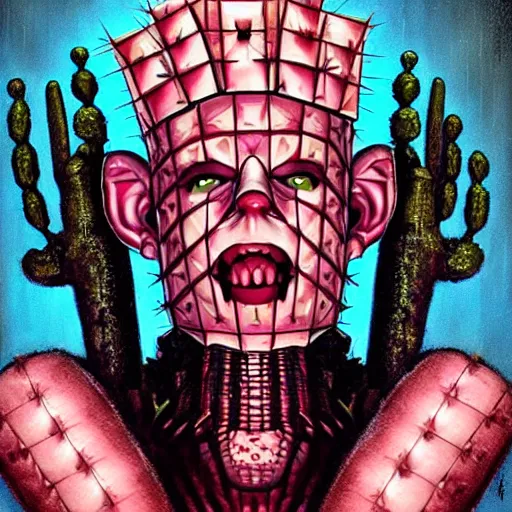 Prompt: portrait of a pinhead hellraiser as Disney cactus character by Artgerm, H R Giger, not scarry, Pixar, digital painting, concept art, kawaai, summertime, smiling, warm tones, depth of field, dramatic light