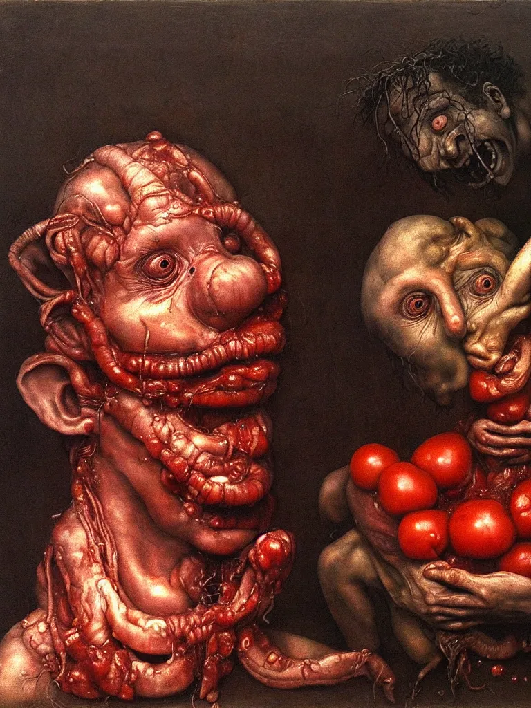 Image similar to a boy like eraserhead and elephant man sitting in a tub full of tomato sauce, looking straight into camera, screaming in desperation, by giuseppe arcimboldo and ambrosius benson, renaissance, fruit, intricate and intense oil paint, a touch of beksinski and hr giger and edward munch, realistic