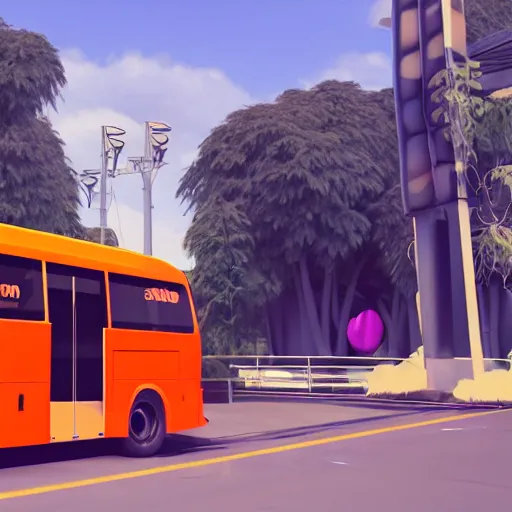 Image similar to a bus covered by orange and black striped soft fur, with 10 paws instead of wheels and a huge smiling cat face on the front and a furry cat tail at the back. Trending by artstation, rendered in unreal engine 5, anime style.