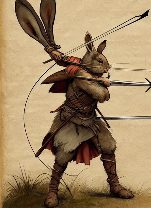 Prompt: a heroic rabbit archer with bow and arrow on a parchment background, redwall, greg rutowski and jean baptiste monge, detailed, epic fantasy concept art