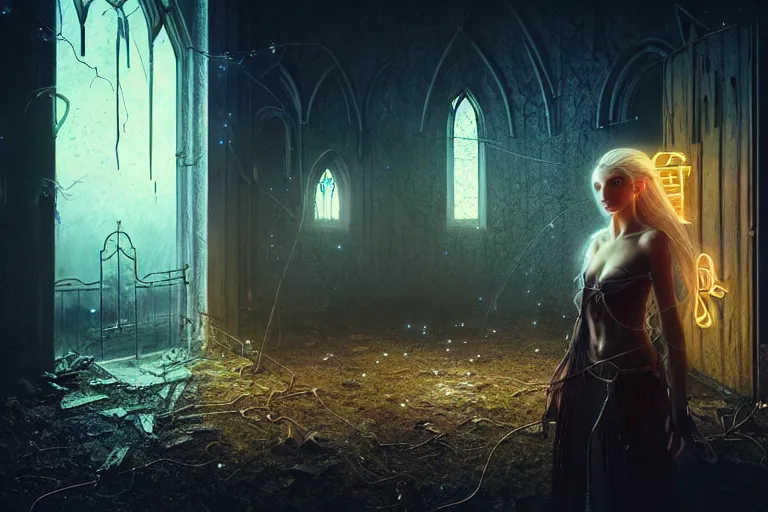 Prompt: an ultra realistic, cinematic, fantasy, painting, of an elden ring elf, fairy lights, facial features, stood outside an abandoned church, with futuristic buildings and neon signs, detailed, deep focus, movie still, dramatic lighting, ray tracing, by michal karcz and yoshitaka amano