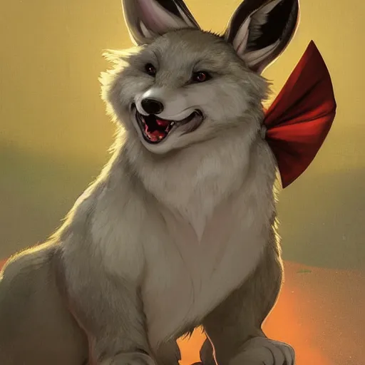 Image similar to an adorable zany girly alluring chubby charming but vicious fennic fox wolf rabbit hybrid, with long floppy rabbit ears, wearing a bow on the top of its head, grinning at the camera with a mischievous look, sharp teeth, happy lighting, at a tropical beach, greg rutkowski and alphonse mucha and jin xiaodi and anthony devine