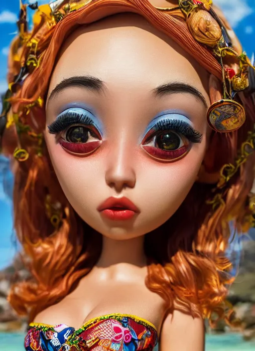 Image similar to closeup profile portrait of tin toy bikini girl beach, depth of field, zeiss lens, detailed, symmetrical, centered, fashion photoshoot, by nicoletta ceccoli, mark ryden, lostfish, breathtaking, 8 k resolution, extremely detailed, beautiful, establishing shot, artistic, hyperrealistic, octane render