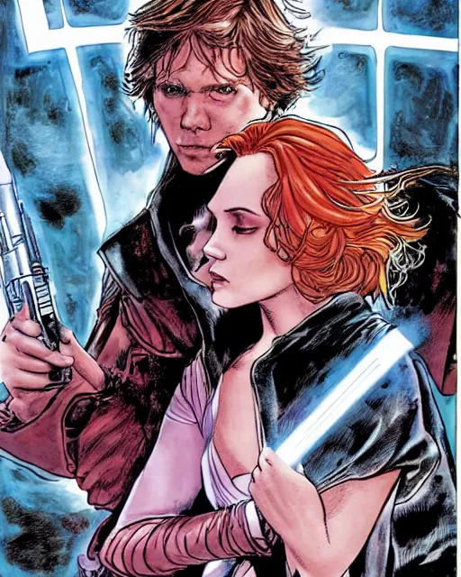 Image similar to mara jade and luke skywalker, cover art by jim lee