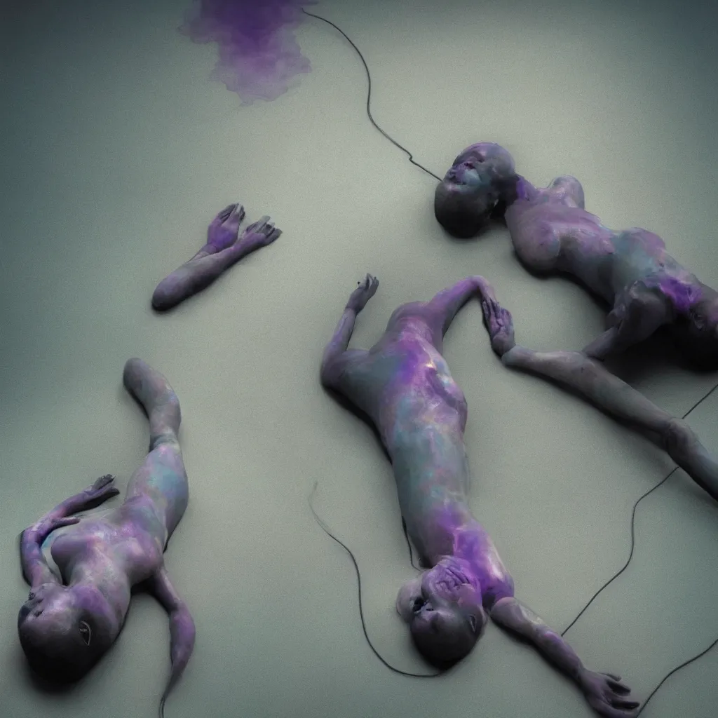 Image similar to iridiscent oil spill with women corpses connected by cables and computers to wax forms to a buried baby relaxing on yoga mat, faded, iridiscent gradient, dust, purple fog, depth of field, by nadav kander and hans bellmer, 8 k, ultrarealistic, sad atmosphere, cinematic, 8 5 mm lens