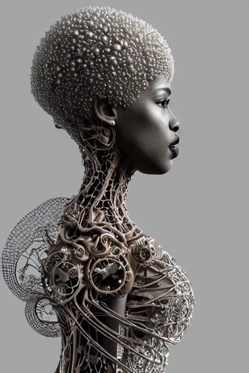 Prompt: complex 3d render ultra detailed of a beautiful porcelain profile afro woman face, biomechanical cyborg, analog, 150 mm lens, beautiful natural soft rim light, big leaves and stems, roots, fine foliage lace, silver white red details, Alexander Mcqueen high fashion haute couture, pearl earring, art nouveau fashion embroidered, steampunk, intricate details, mesh wire, mandelbrot fractal, anatomical, facial muscles, cable wires, microchip, elegant, hyper realistic, ultra detailed, octane render, H.R. Giger style, volumetric lighting, 8k post-production