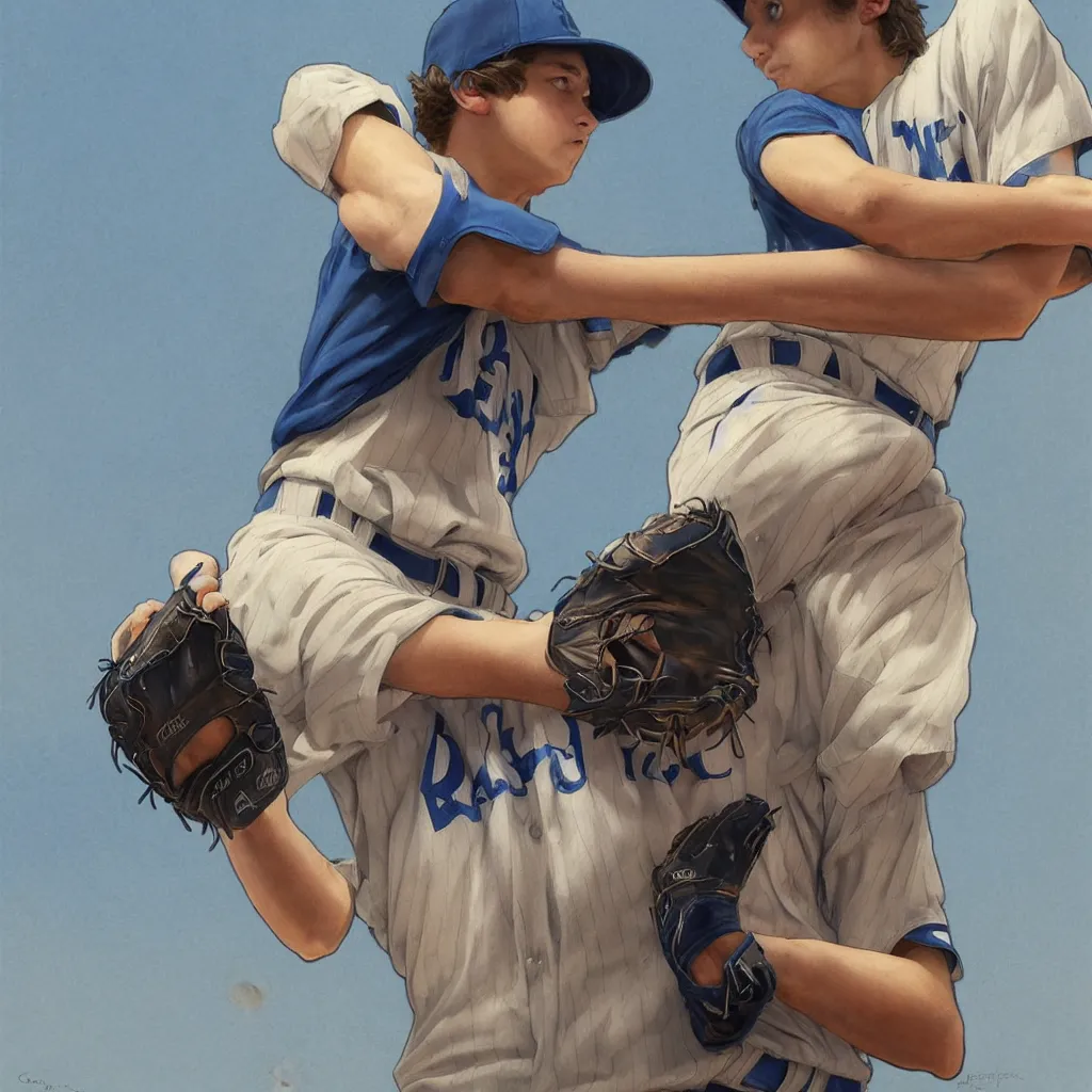 Prompt: one young baseball player is flying a baseball, in the baseball field, male, gorgeous, blue eyes, peaceful expression, detailed face, amazing, thighs, the feeling of summer, intricate, highly detailed, digital painting, artstation, concept art, sharp focus, illustration, art by greg rutkowski and alphonse mucha