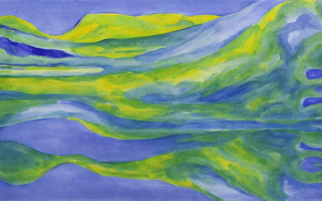 Image similar to the alps and reflection in a lake in the style of georgia o keeffe. colorful, wavy. painting. medium long shot. perspective. color palette of blue, yellow, purple, green.