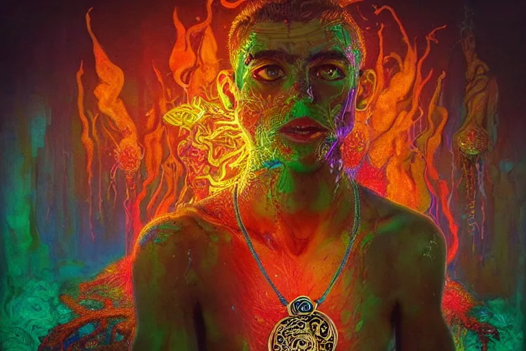 Image similar to psychedelic pepe with trinket necklace, epic angle and pose, reflective pool, symmetrical artwork, ayahuasca, translucent, fungus, energy flows of water and fire, highly detailed, epic cinematic concept art, excellent composition, dystopian brutalist atmosphere, dynamic dramatic lighting, aesthetic, very inspirational, arthouse, Greg Rutkowski, Artgerm