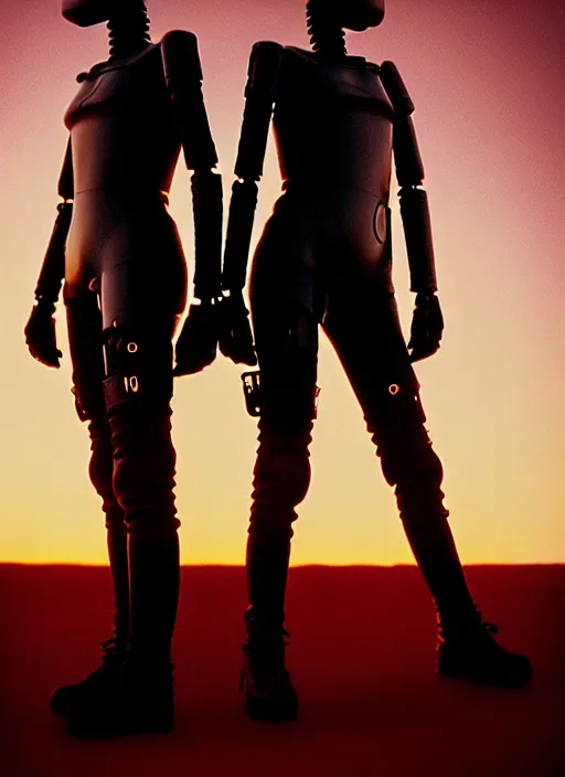 Image similar to cinestill 5 0 d photographic portrait of two loving female androids wearing rugged black techwear on a desolate plain with a red sky, extreme closeup, cyberpunk style, leather garters, dust storm, 8 k, hd, high resolution, 3 5 mm, f / 3 2, ultra realistic faces, ex machina