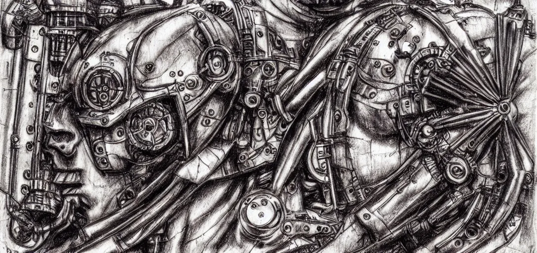 Image similar to mechagodzilla, steampunk automaton, mechanical, renaissance style drawing, alchemical sketch, mutant, detailed, clockwork, 4 k, fineart, sketch by leonardo da vinci