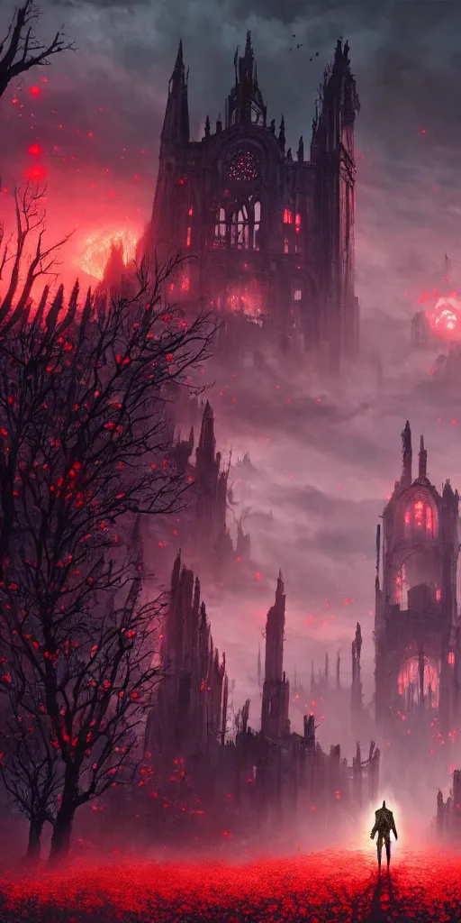 Image similar to abandoned bloodborne old valley with a person at the centre and a ruined gothic city at the end with a big castle, trees and stars in the background, falling red petals, epic red - orange moonlight, perfect lightning, wallpaper illustration by niko delort and kentaro miura, 4 k, ultra realistic