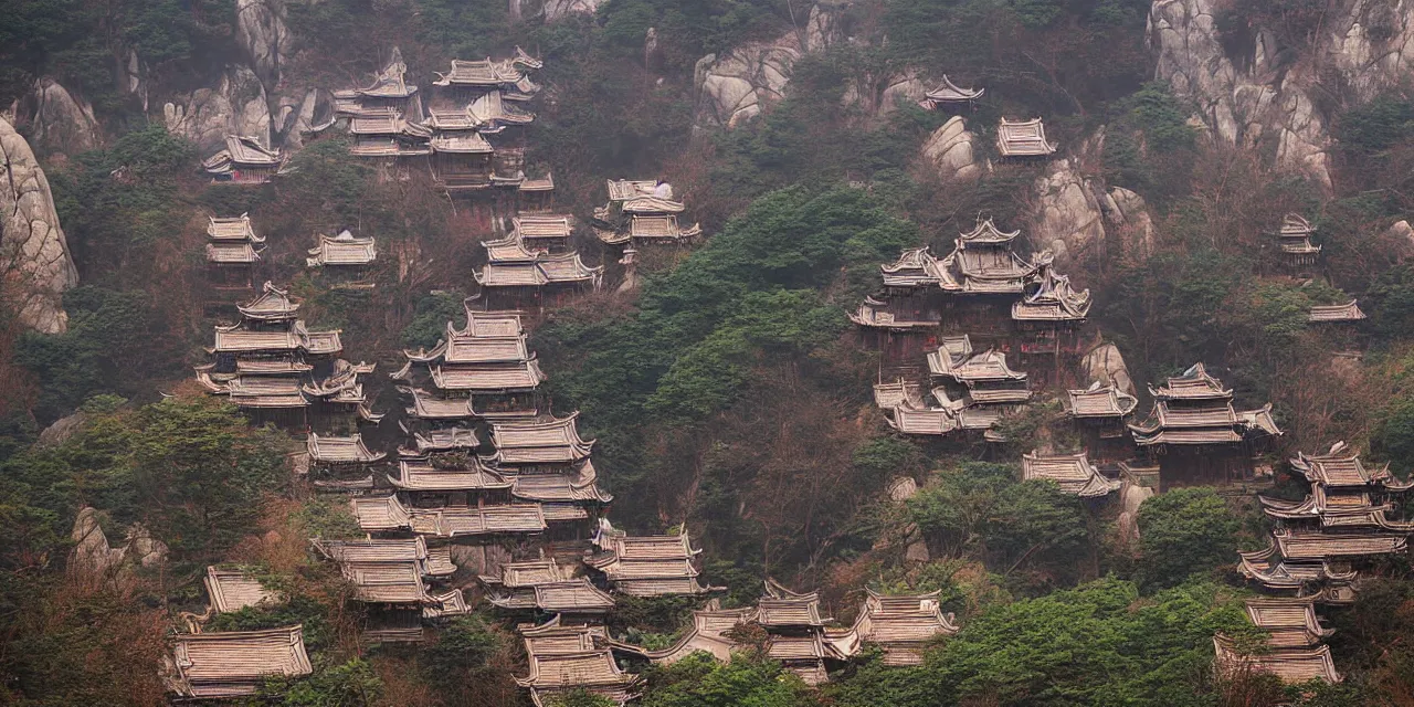 Image similar to huangshan with buddhist dwellings by wang jian