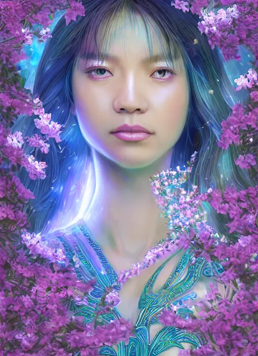 Prompt: portrait of Lalisa Manobal as a Celestial Goddess of a futuristic pearlescent holographic, inside future fighter, sci-fi, fantasy, intricate, lush garden spaceship with sakura season flowers in Kyoto Japan, elegant, human anatomy, royal green and nature light, highly detailed, digital painting, artstation, concept art, smooth, sharp focus, illustration, art by Marvel Studios, masterpiece, 3d blender