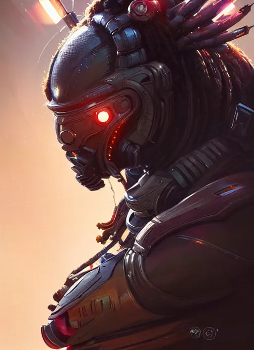 Image similar to portrait of apex legends, the predator, intricate, elegant, glowing lights, highly detailed, digital painting, artstation, glamor pose, concept art, smooth, sharp focus, illustration, art by artgerm and greg rutkowski, artey freytag