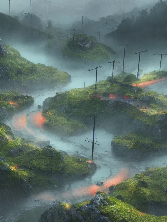 Prompt: photo of 8k ultra realistic beautiful valley, small town, hills, pylons, heavy rain, full of colour, cinematic lighting, battered, trending on artstation, 4k, hyperrealistic, focused, extreme details,unreal engine 5, cinematic, masterpiece, art by studio ghibli