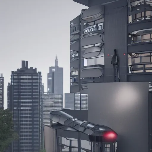 Image similar to Bauhaus designed humanoid with black rubber exterior and chrome accents, b3d, Houdini, Octane 8K render, far future, hyper detailed, exterior shot of building, natural light