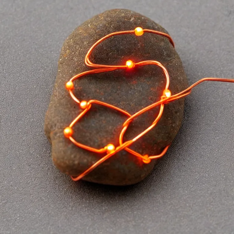 Prompt: photo of a pebble wrapped in copper wire. lots of copper wire! glowing runes drawn on pebble. extremely high details