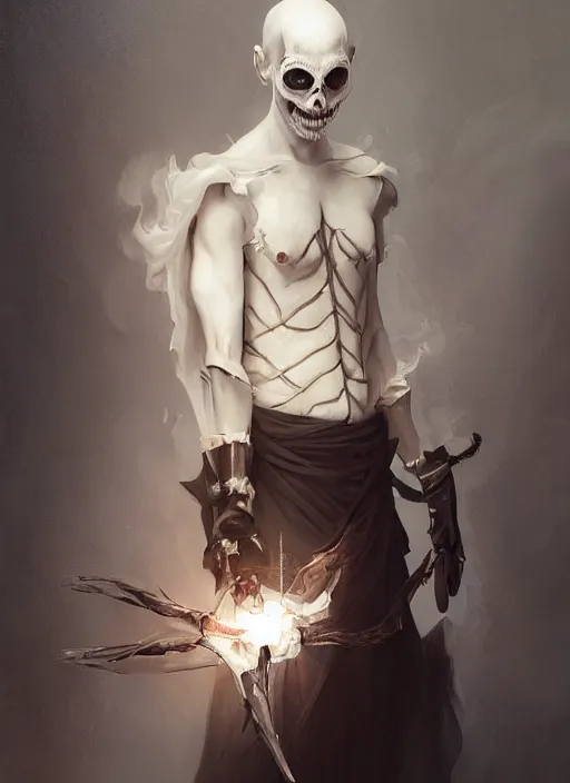 Prompt: character concept portrait of an attractive young smirking Spanish wizard with pale white skin and wearing parital skeleton mask while enchanting a dark seduction spell, a floating burning spell book in the center, intricate, elegant, digital painting, concept art, smooth, sharp focus, illustration, from Metal Gear, by Ruan Jia and Mandy Jurgens and William-Adolphe Bouguereau, Artgerm